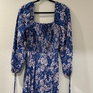 Floral Blue Front Overlay Maxi Dress with 3/4 Length Sleeves